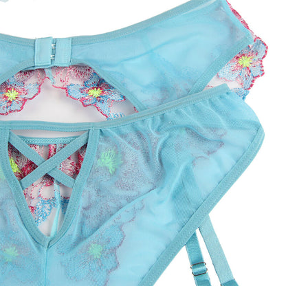 SUBBLIME - 954109 SOUTIEN-GORGE + CULOTTE AVEC PORTE-JARRETELLES MOTIF FLORAL BLEU S/M